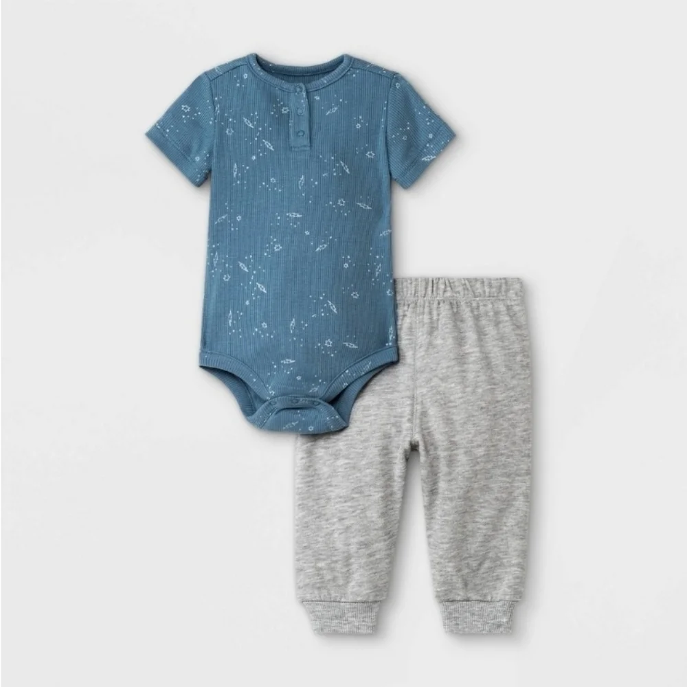 New Born Grayson Mini Baby Boys' 2pc Henley Short Sleeve Bodysuit & Jogger Set - Picture 1 of 3